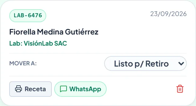 Tarjeta real de una orden de laboratorio lista para retiro, con botón de WhatsApp
