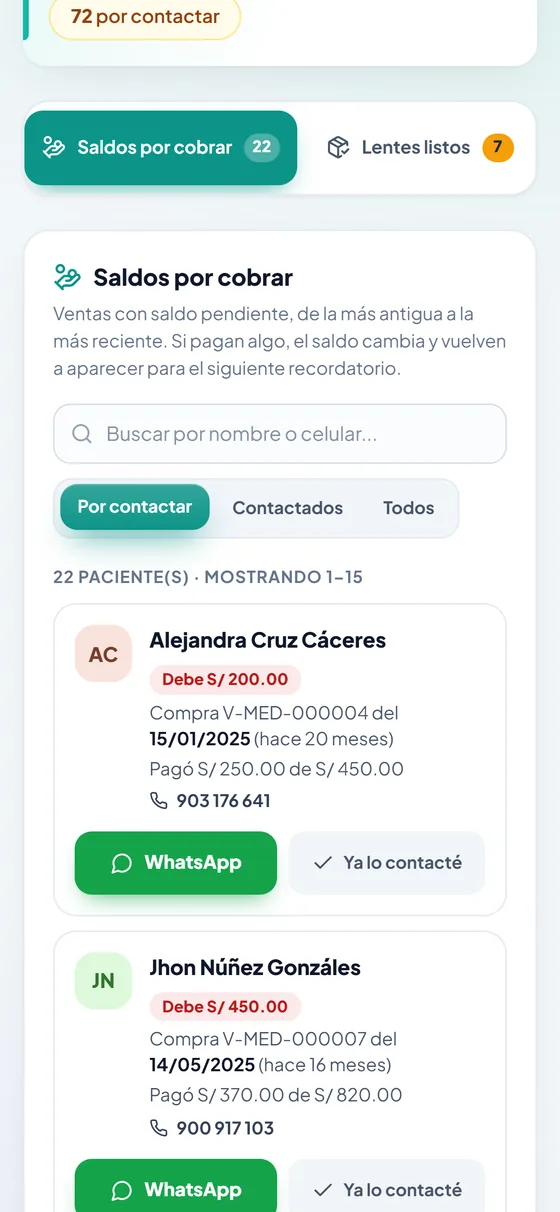 Lista real de saldos por cobrar en el celular, con botón de WhatsApp para cada paciente