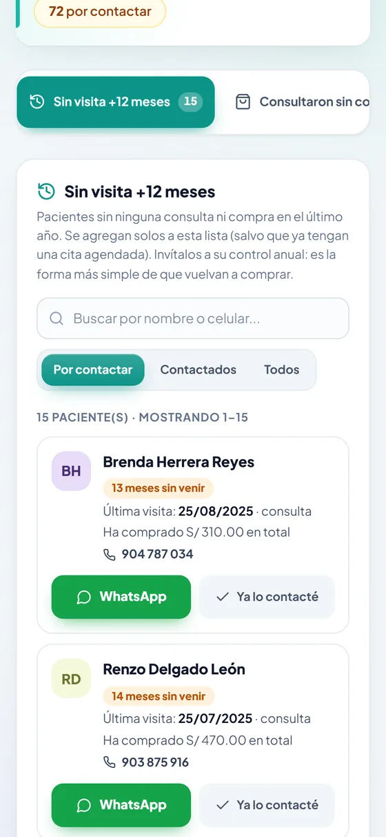 Recordatorios en el celular: pacientes sin visita en más de 12 meses, con botón de WhatsApp