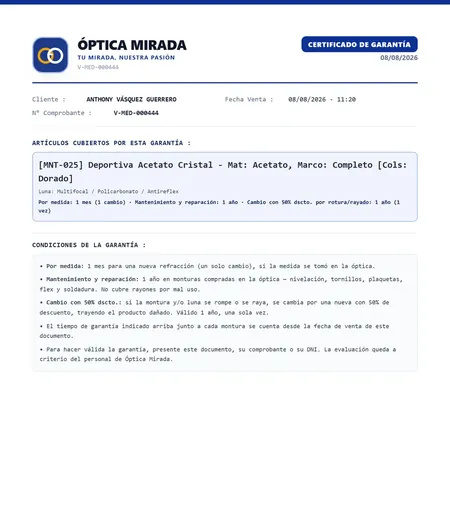 Certificado de garantía con el logo, el nombre y los colores de una óptica de ejemplo