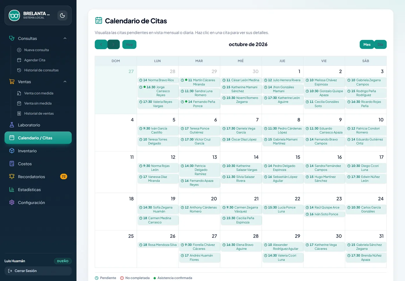 Pantalla real del calendario mensual de citas con citas pendientes y confirmadas