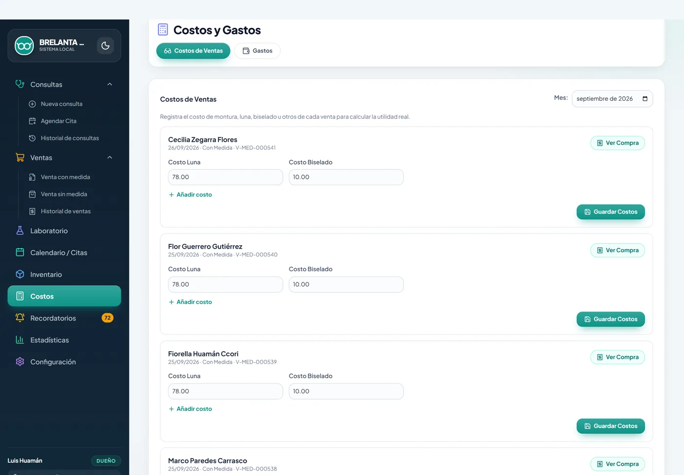 Pantalla real de Costos de Ventas para registrar el costo de luna y biselado de cada venta