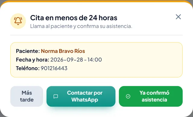Aviso real de cita en menos de 24 horas, con botones para contactar por WhatsApp o marcar que confirmó asistencia